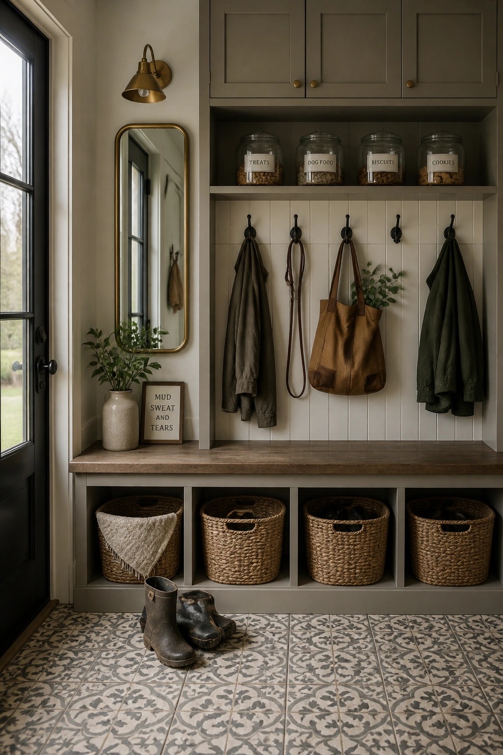 Built-in storage painted in a soft gray-green neutral in a mudroom entry.