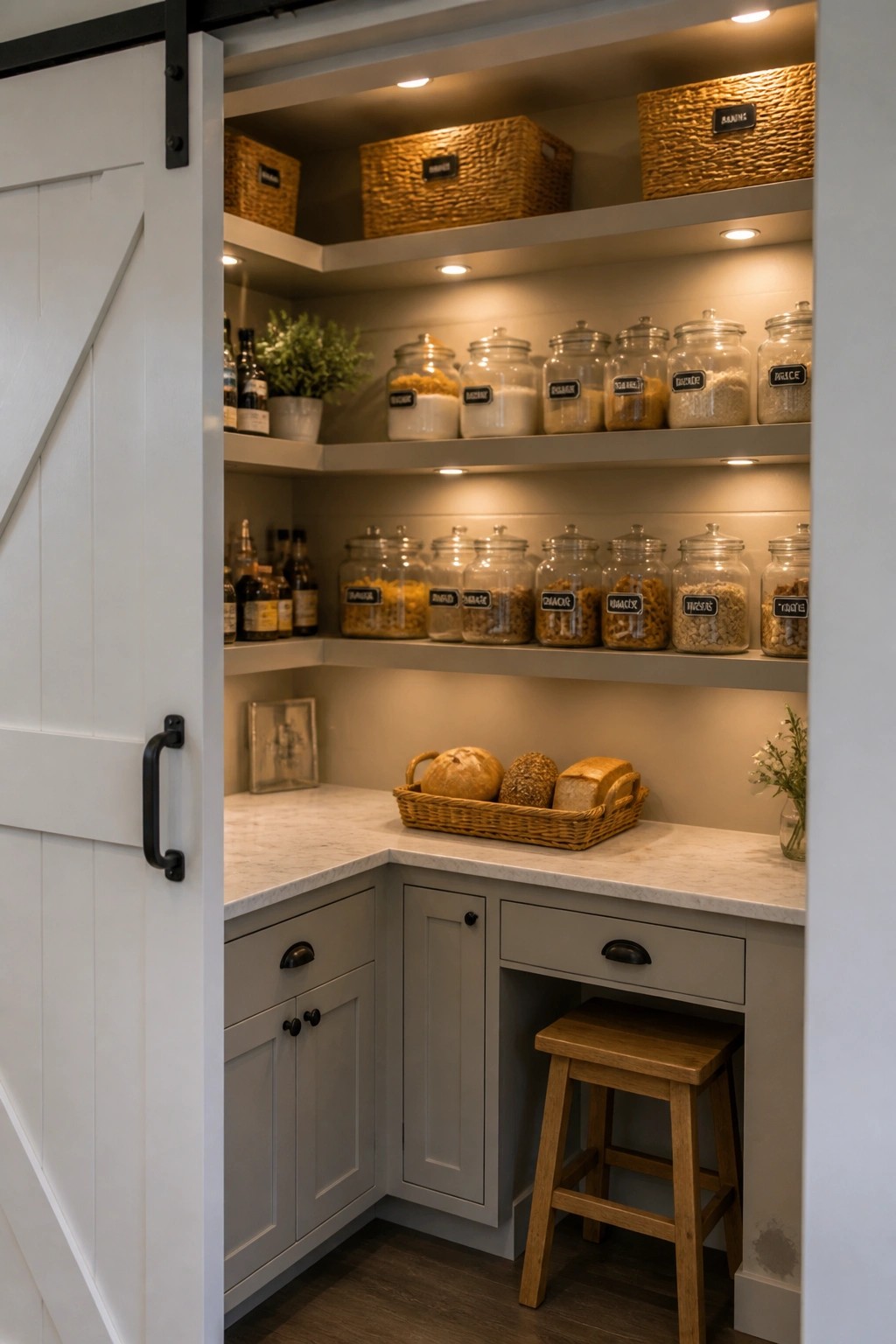 Open barn door reveals pantry shelves of labeled jars, bread basket, and stool.