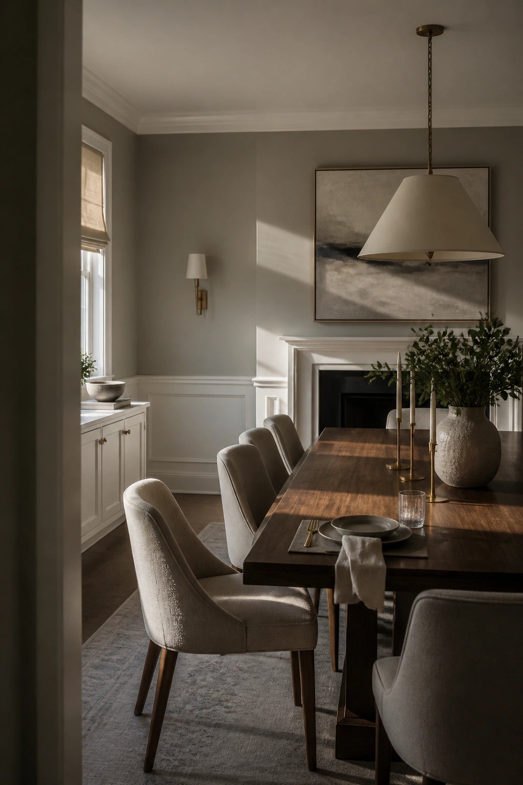 Dining room with soft gray walls, white trim, and a dark wood table.