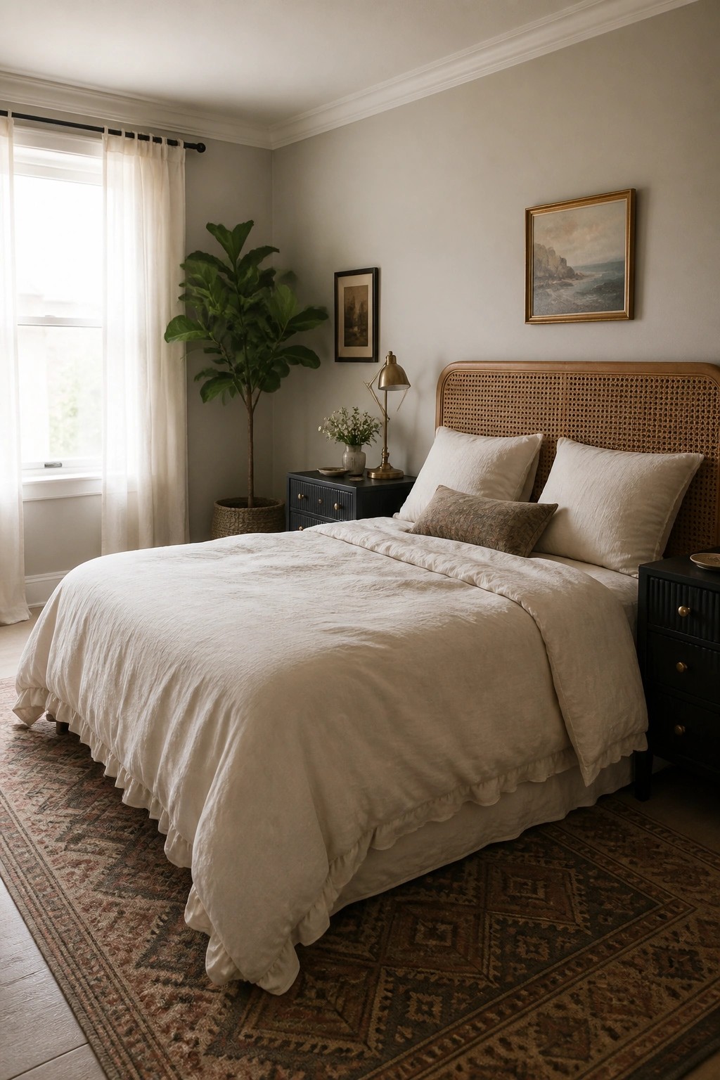 Bedroom walls painted in a soft greige neutral with wood furniture and a woven headboard.