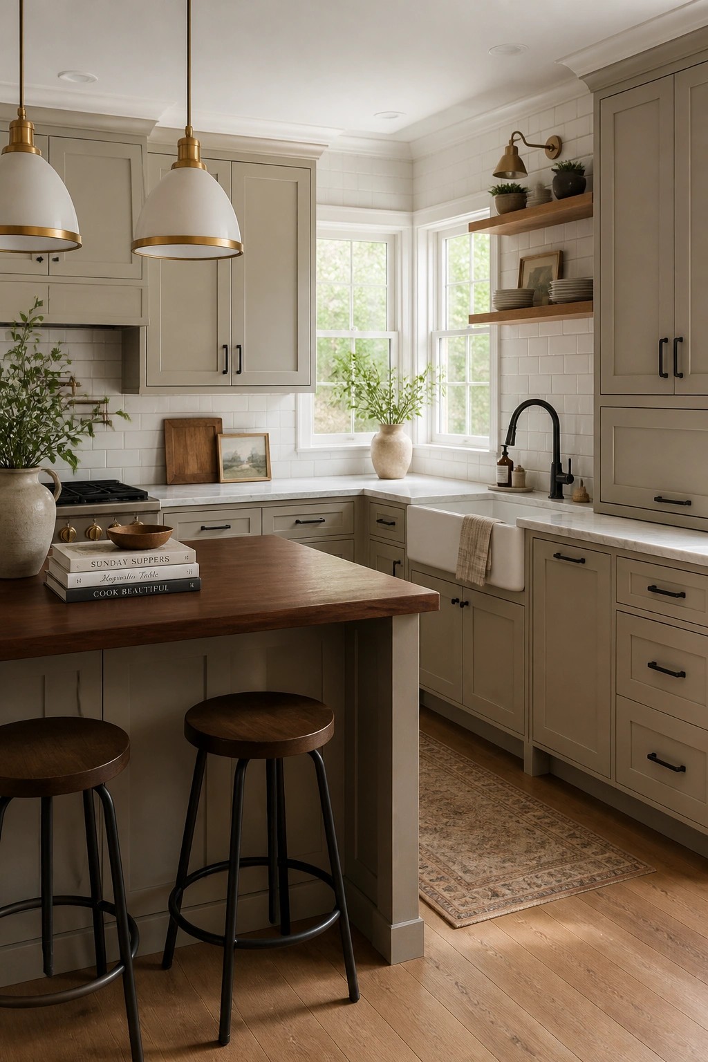 Kitchen with soft greige cabinets and a wood island.