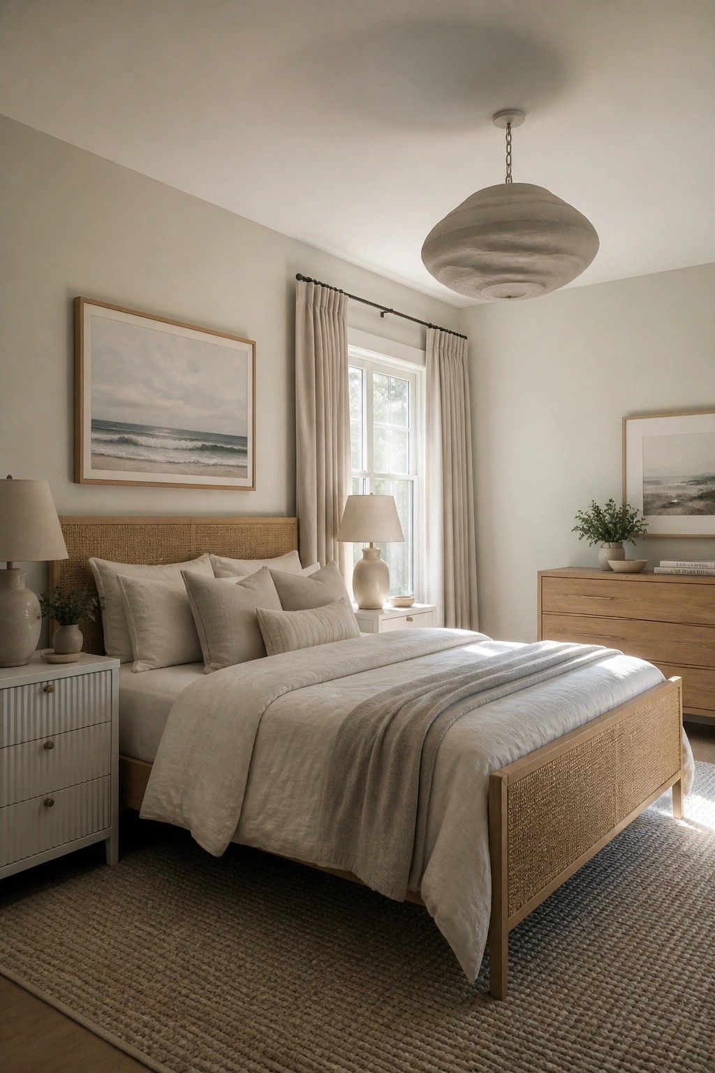 Neutral bedroom with linen bedding, woven headboard, pendant light, and coastal art.