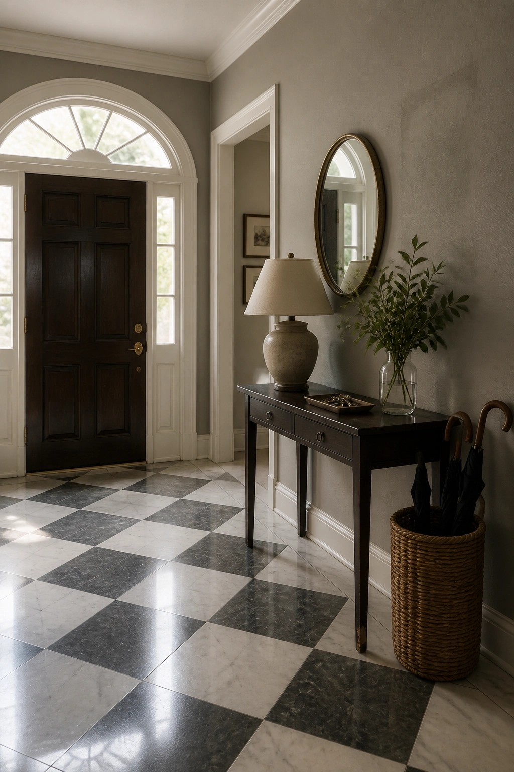 A neutral greige painted wall in a home entryway with a dark console table.