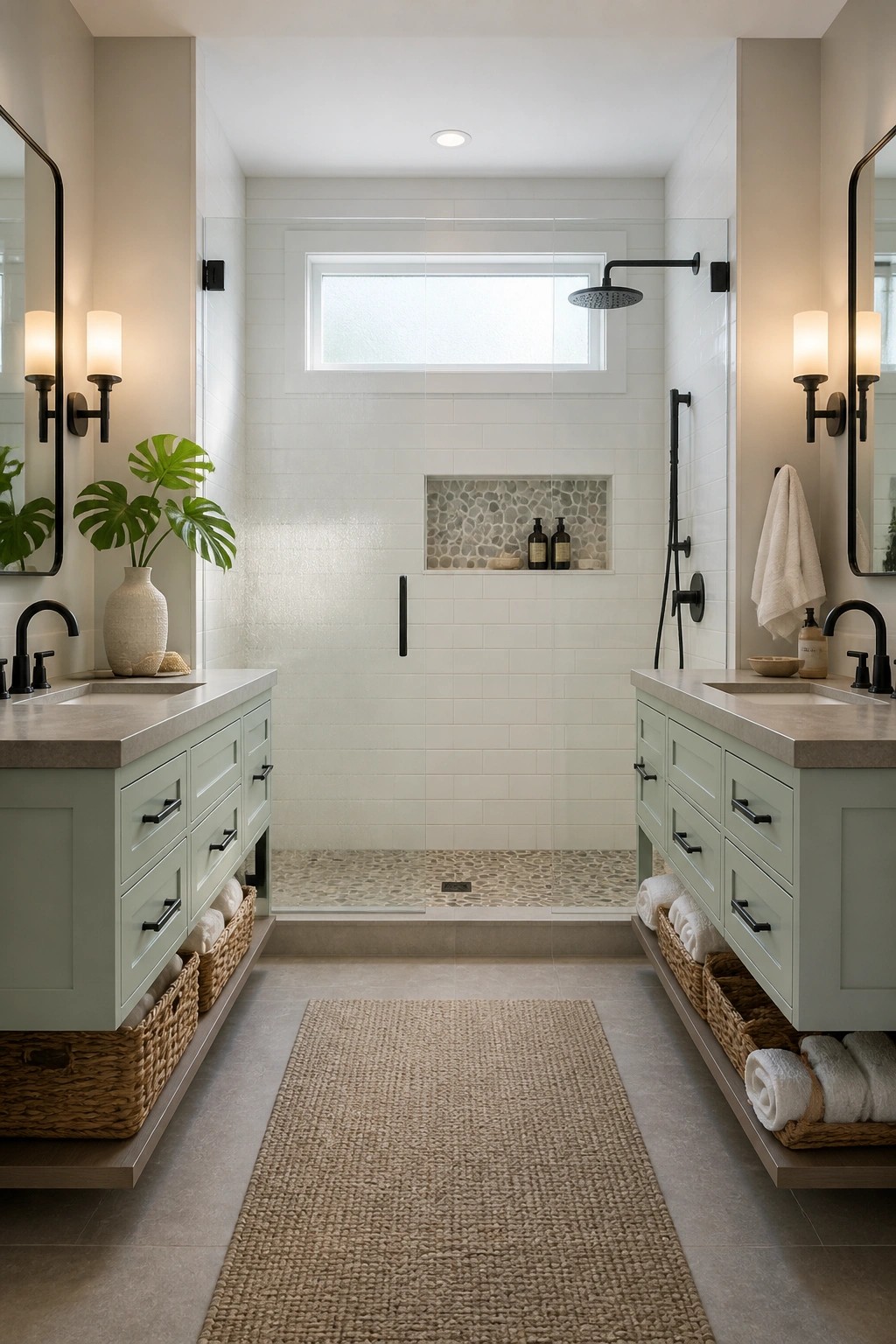 Light sage green cabinets in a modern bathroom with white tile and neutral walls.