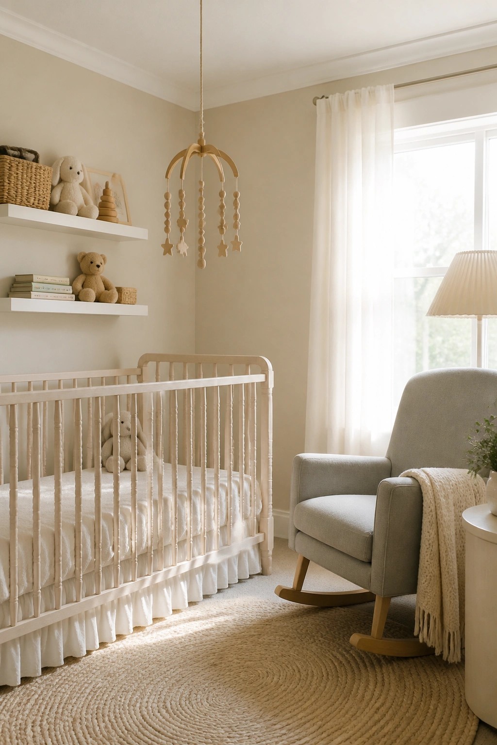 Light warm neutral walls in a bright nursery with white trim.
