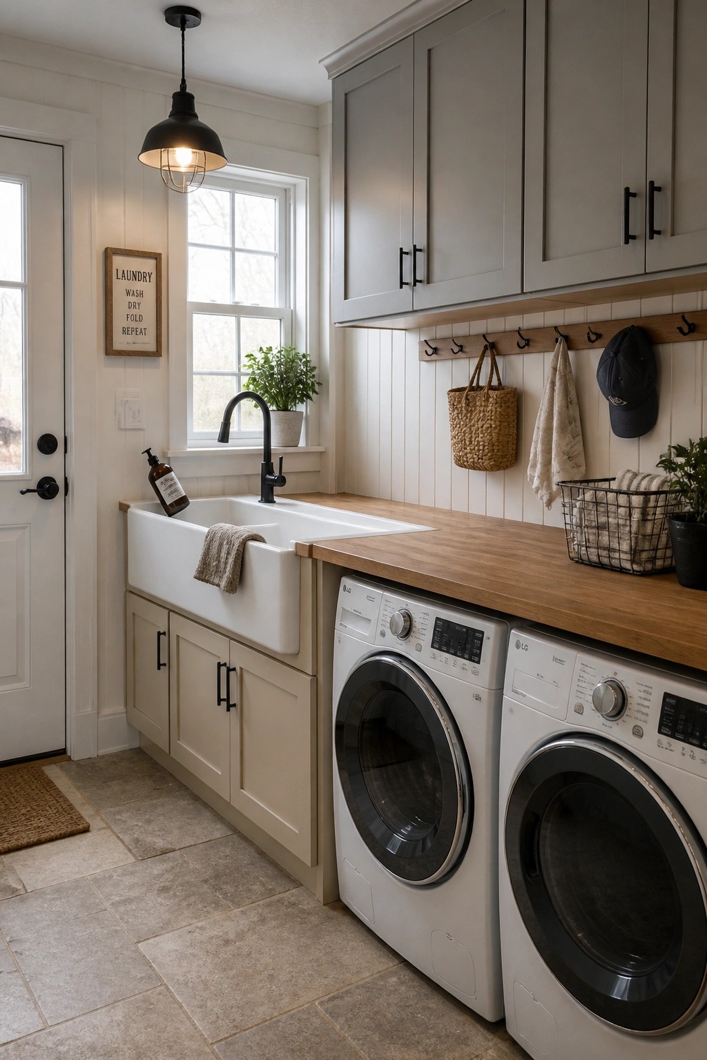 Laundry room with lower cabinets painted in a soft greige neutral next to white appliances.