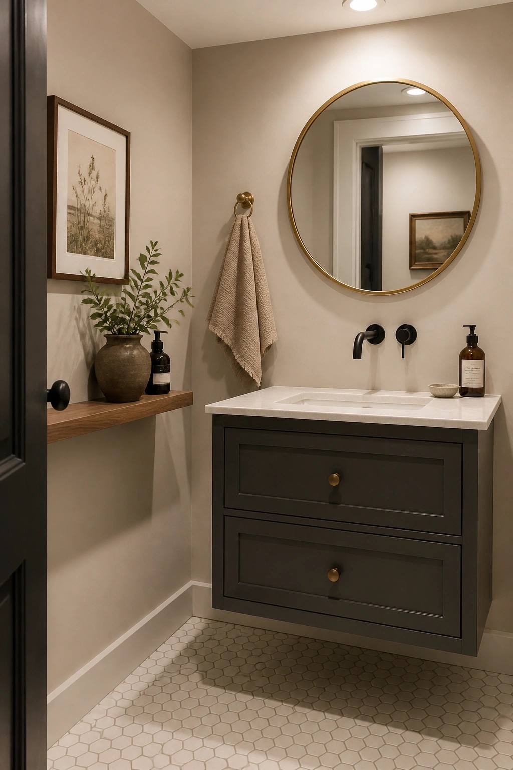 Modern bathroom with dark floating vanity, round gold mirror, and hex tile floor.
