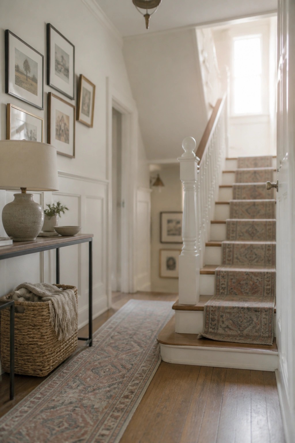 Hallway with console table, wicker basket, framed art, and patterned runner on stairs.