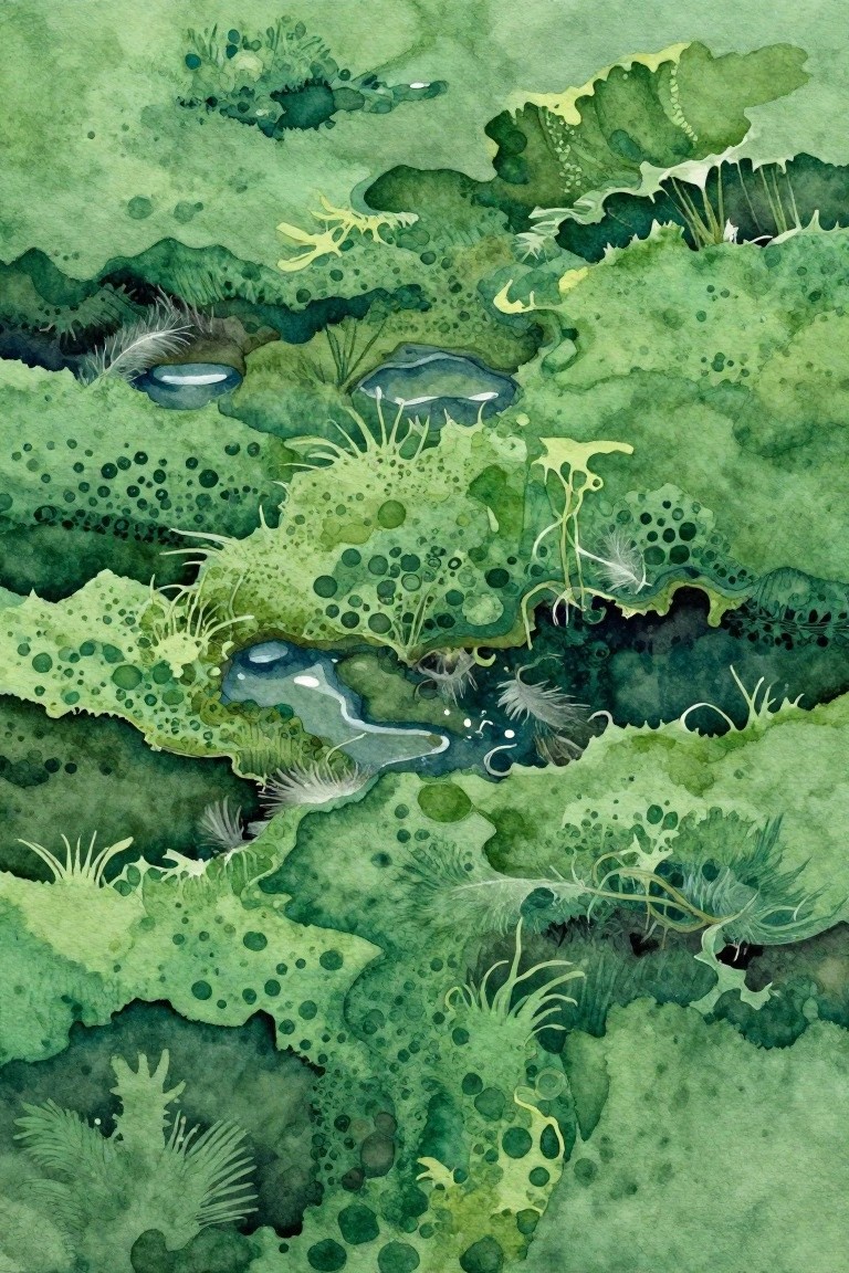 Abstract watercolor of lush green wetland with scattered ponds and organic foliage