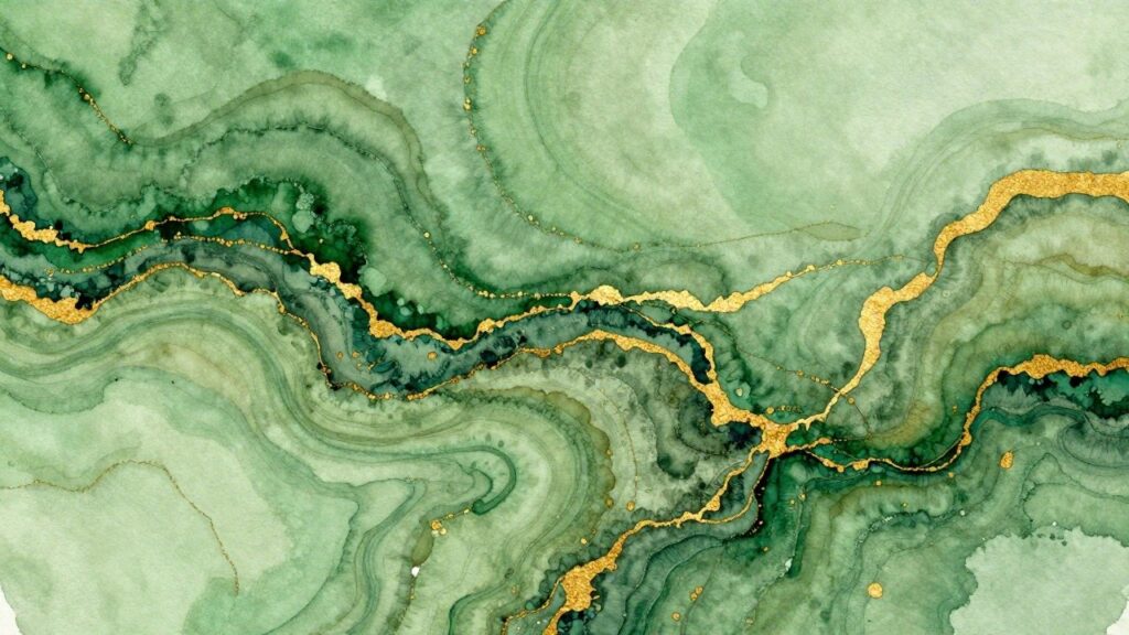 Circular abstract painting with soft sage green watercolor washes and thin gold vein lines on a white background.