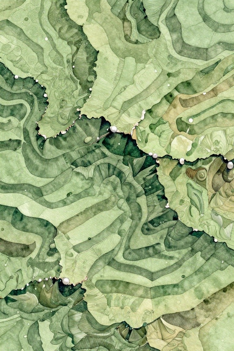 Abstract green watercolor with layered organic shapes, flowing lines, and scattered white dots.
