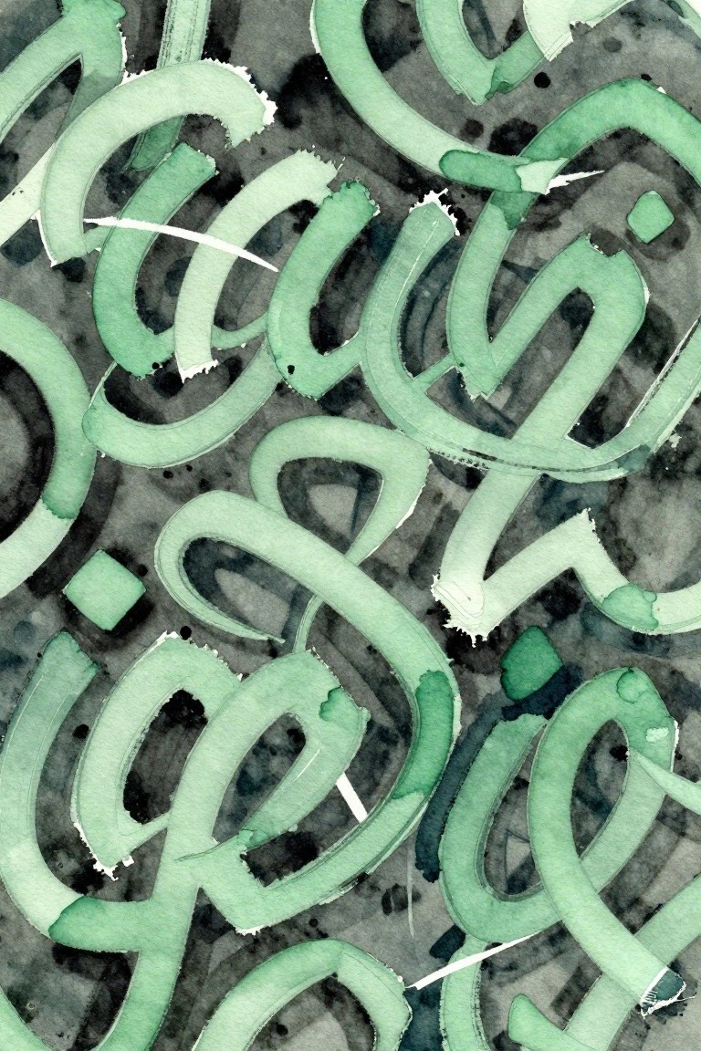 Abstract watercolor with overlapping mint-green calligraphic shapes on dark splattered background