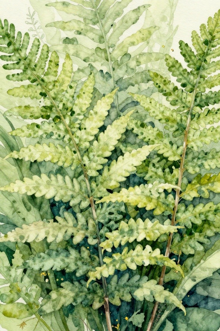 Watercolor ferns in layered shades of green with delicate yellowing fronds
