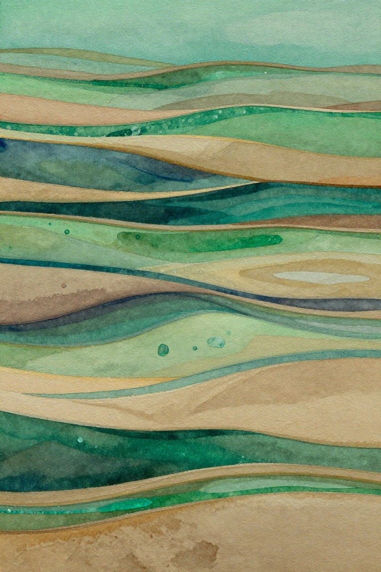 Watercolor painting with multiple horizontal wavy layers in green, teal, and brown tones.