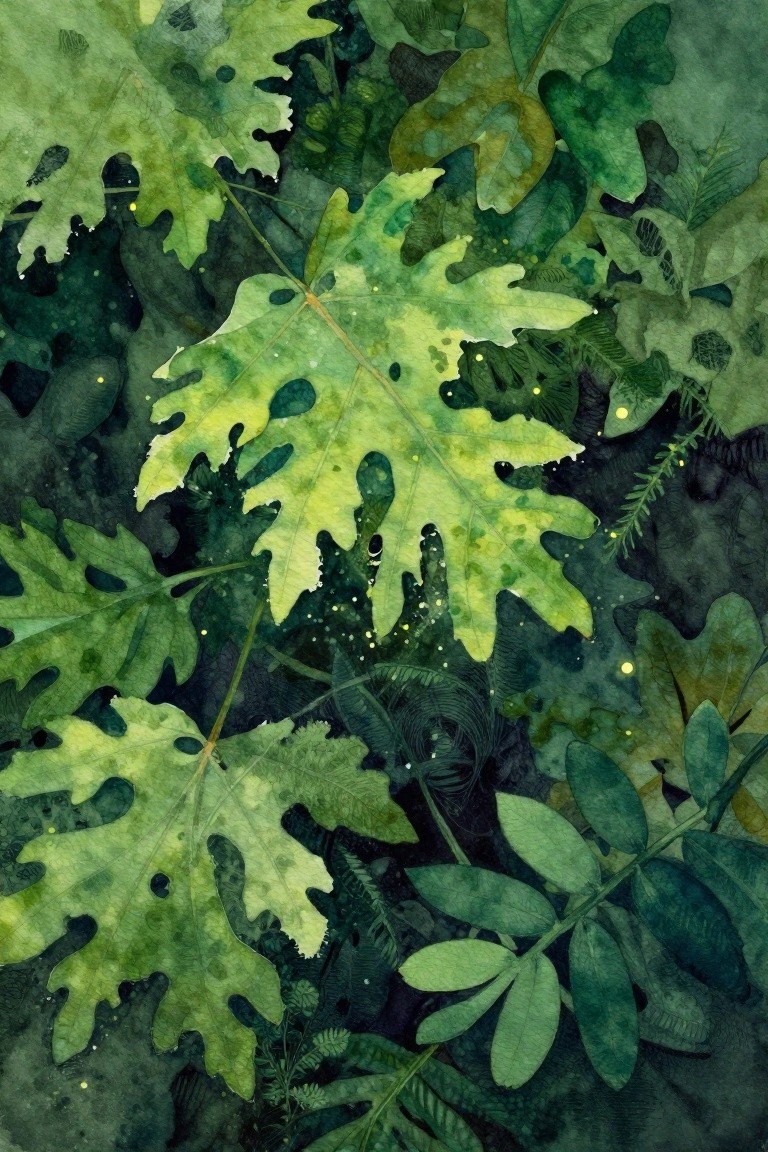 Dense watercolor foliage of overlapping green leaves with yellow speckles