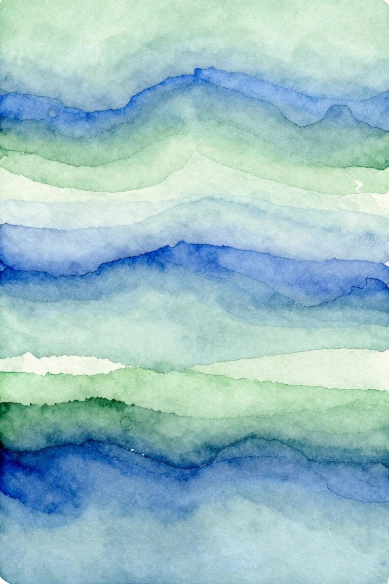 Abstract watercolor with soft horizontal layers of blue, green, and white waves.