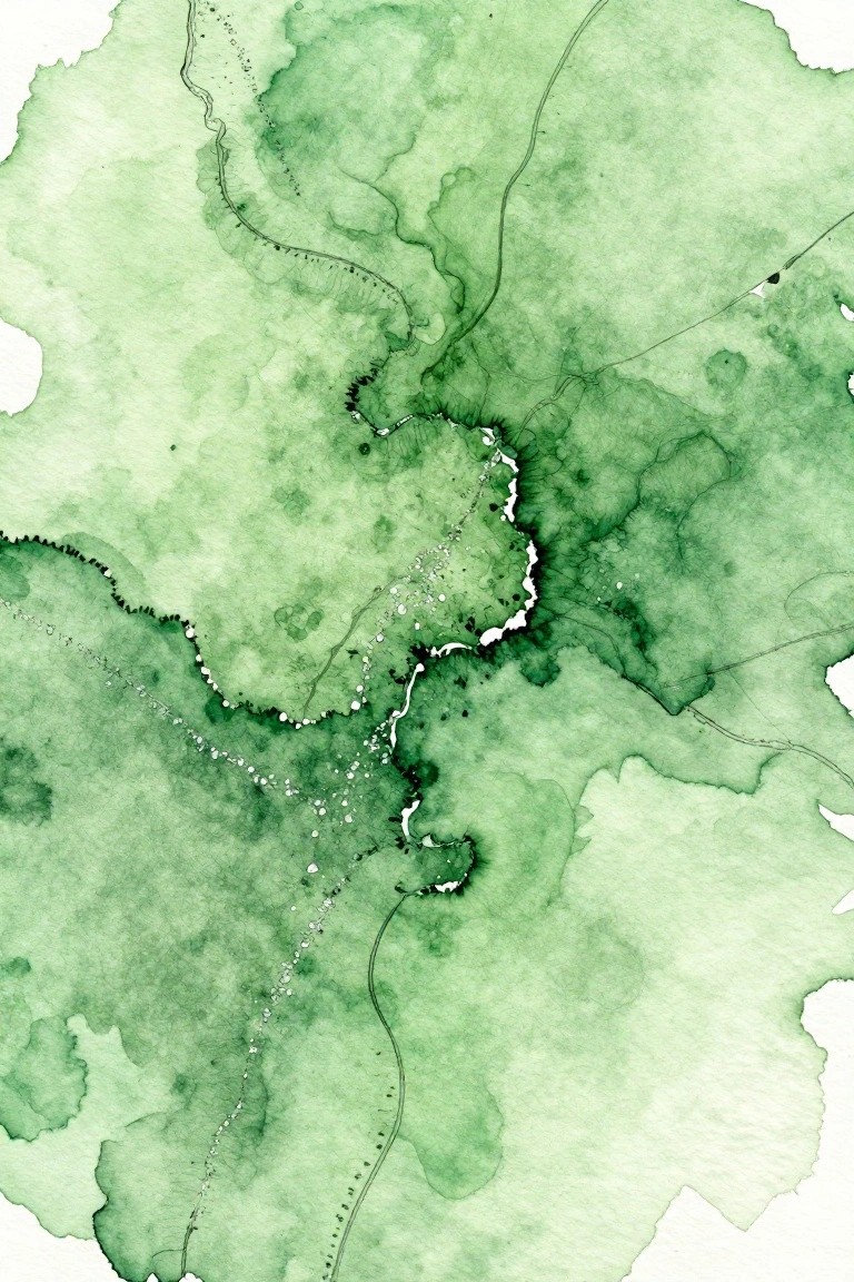 Abstract green watercolor with fluid shapes, black lines, and dotted patterns