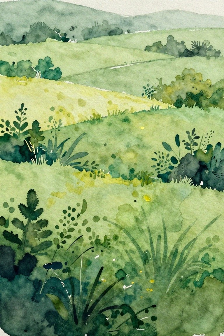 Watercolor landscape of rolling green-yellow hills with trees and wildflowers in foreground