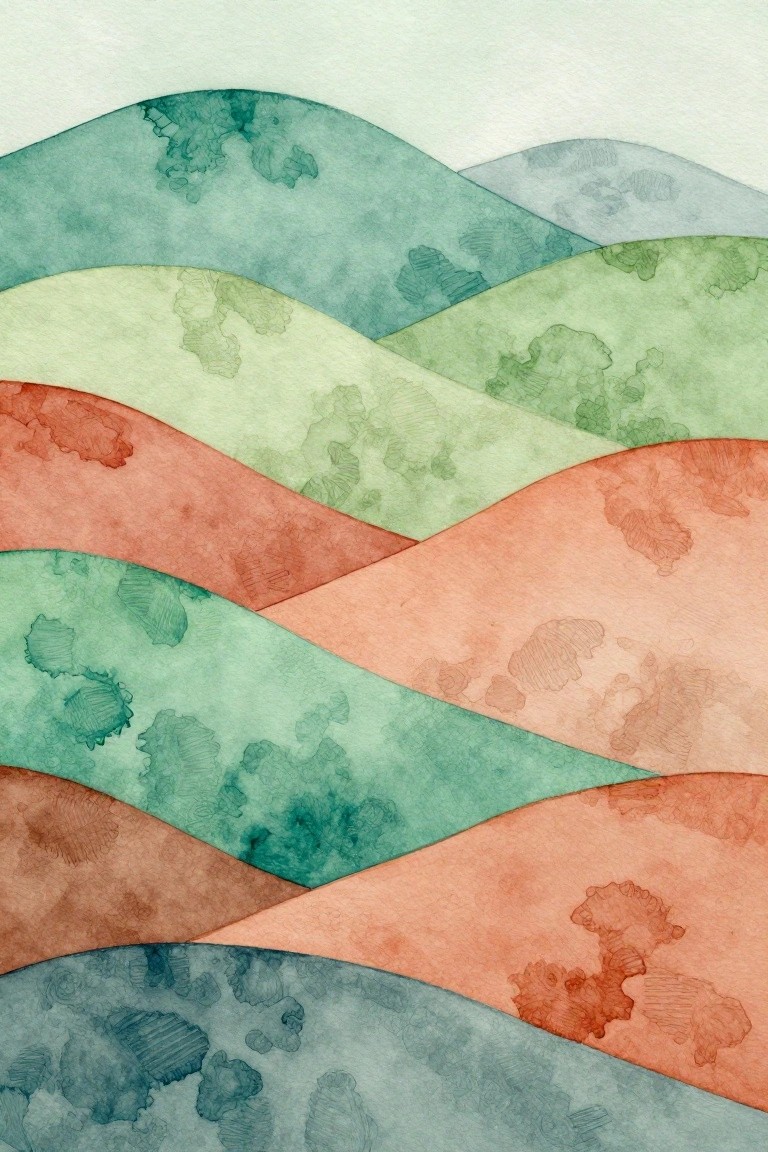 Layered watercolor hills in teal, green, coral, and blue with soft textures.