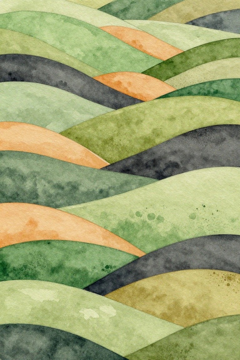 Layered watercolor waves in green, orange, gray, and yellow tones