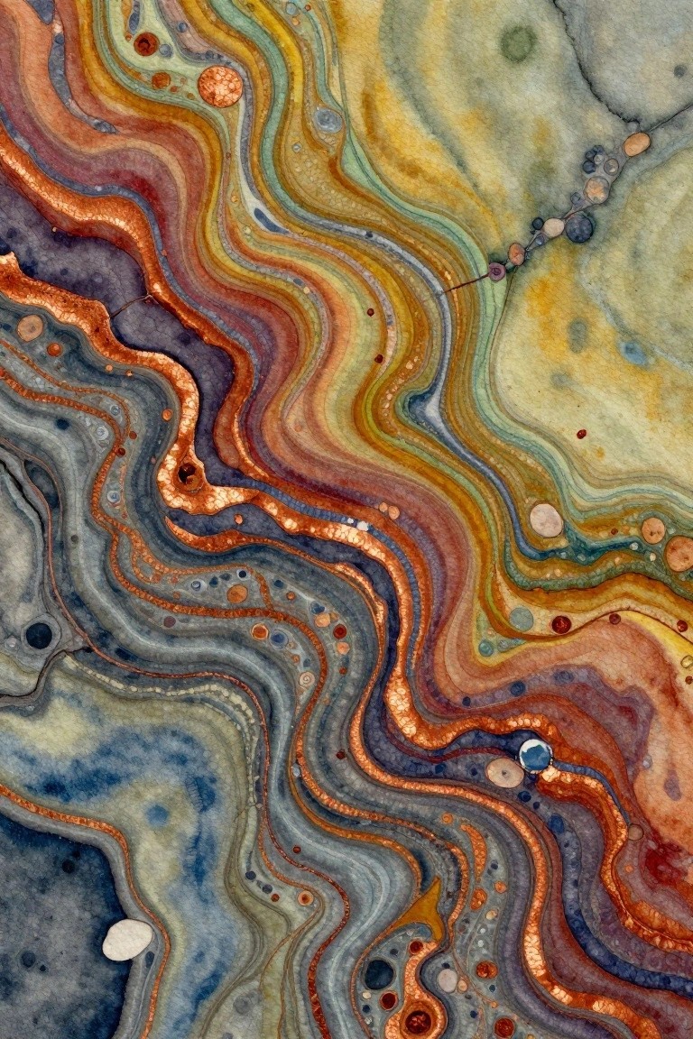 Abstract watercolor with swirling colorful lines, bubbles, and copper accents.