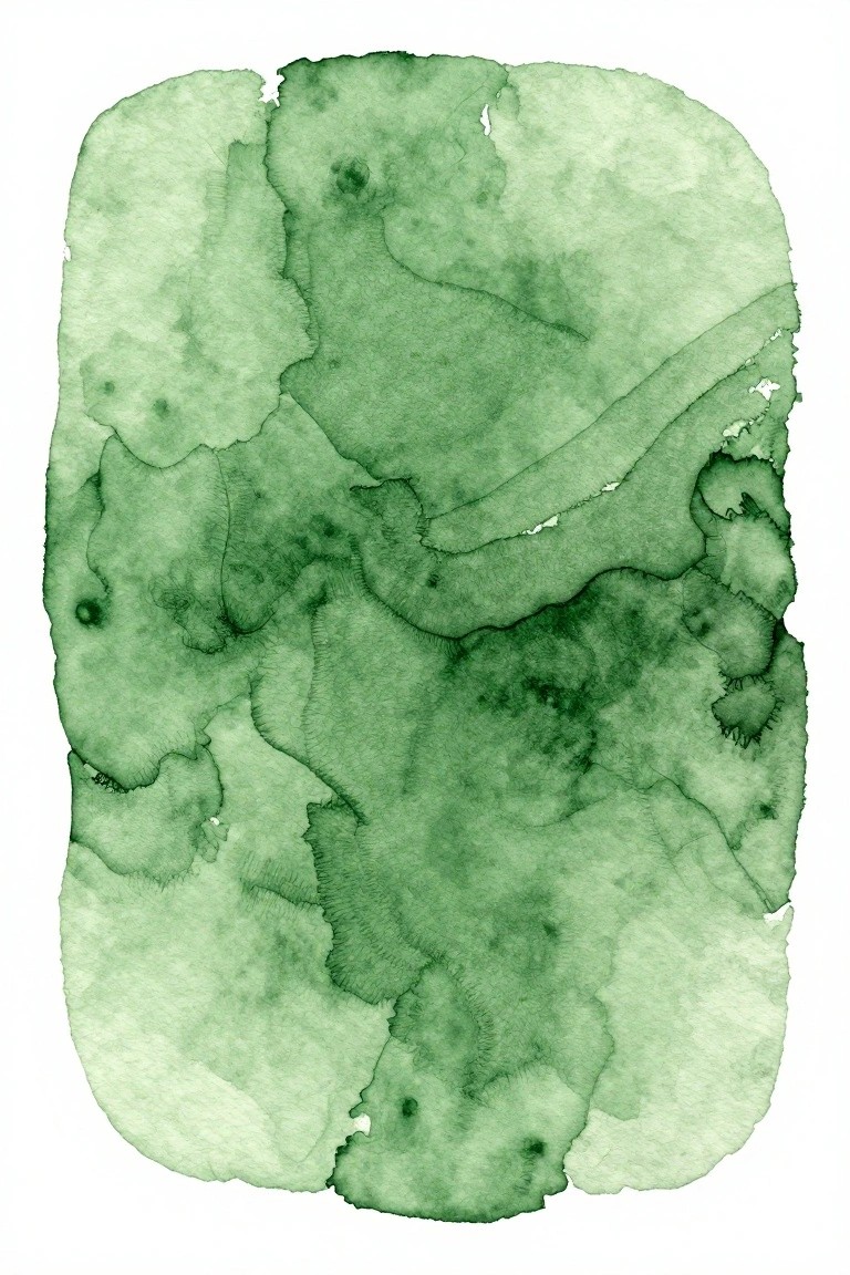 Abstract green watercolor with organic blotches, feathery edges, and varied shades