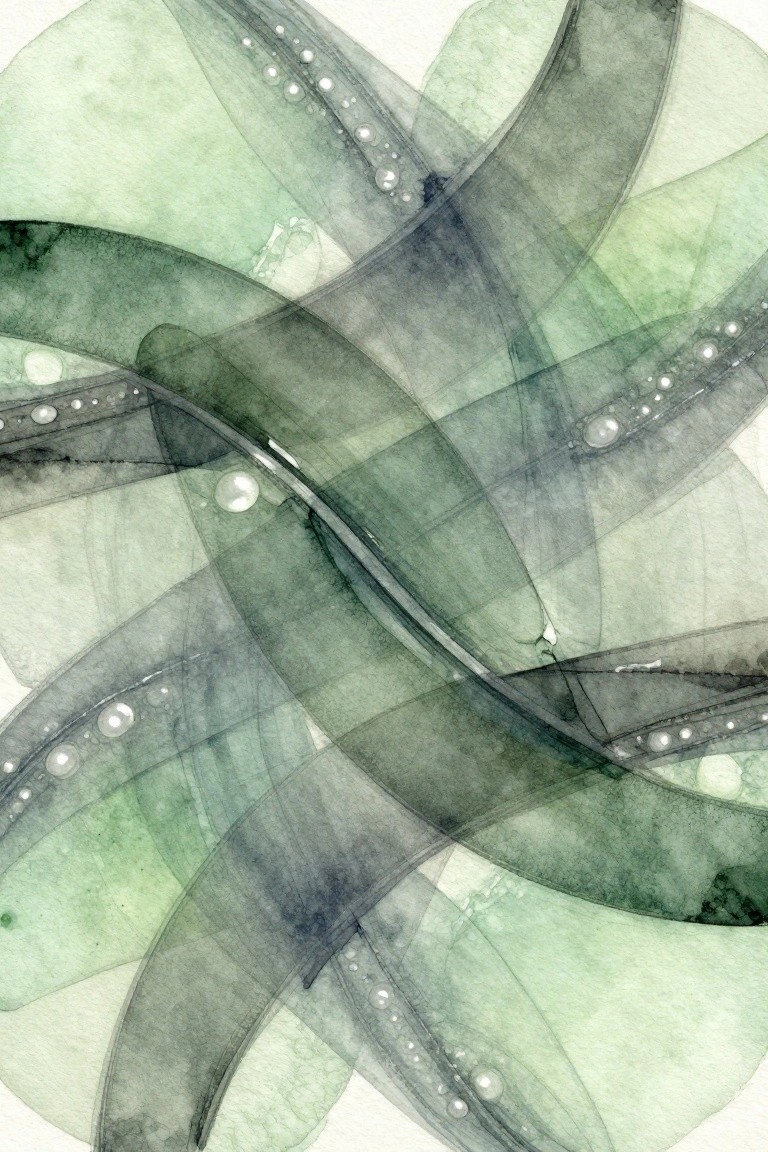 Overlapping translucent green curves with white bubbles in watercolor style.