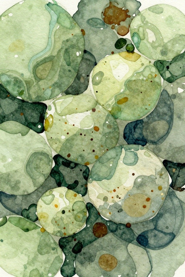 Abstract watercolor painting of overlapping circular shapes in soft sage green with brown and yellow accents.