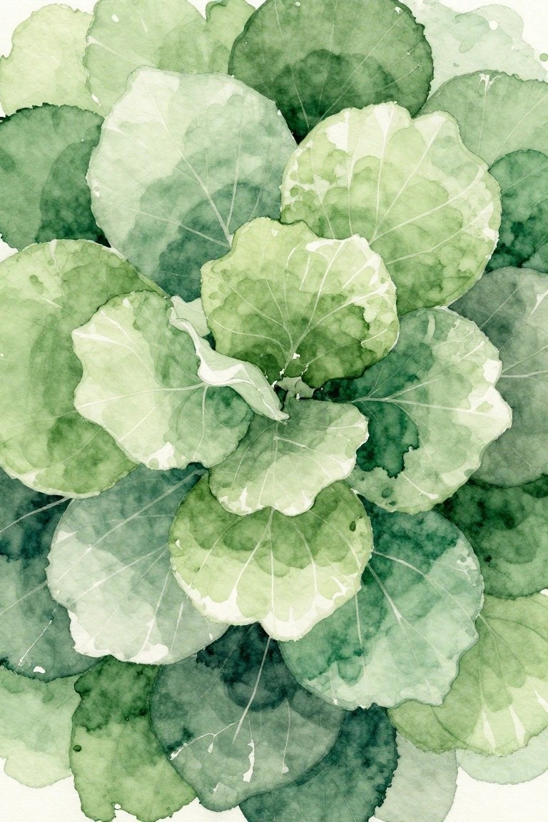 Watercolor of overlapping round green leaves with visible veins in varied shades