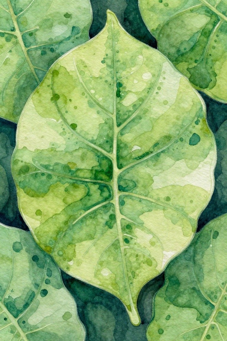 Watercolor painting of overlapping green leaves with veins and translucent spots.