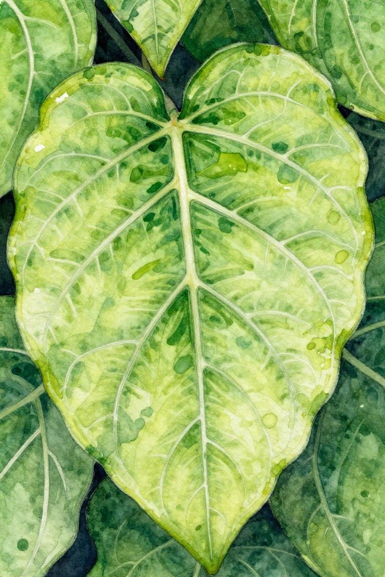 Watercolor close-up of large green leaves with white veins and splatters.