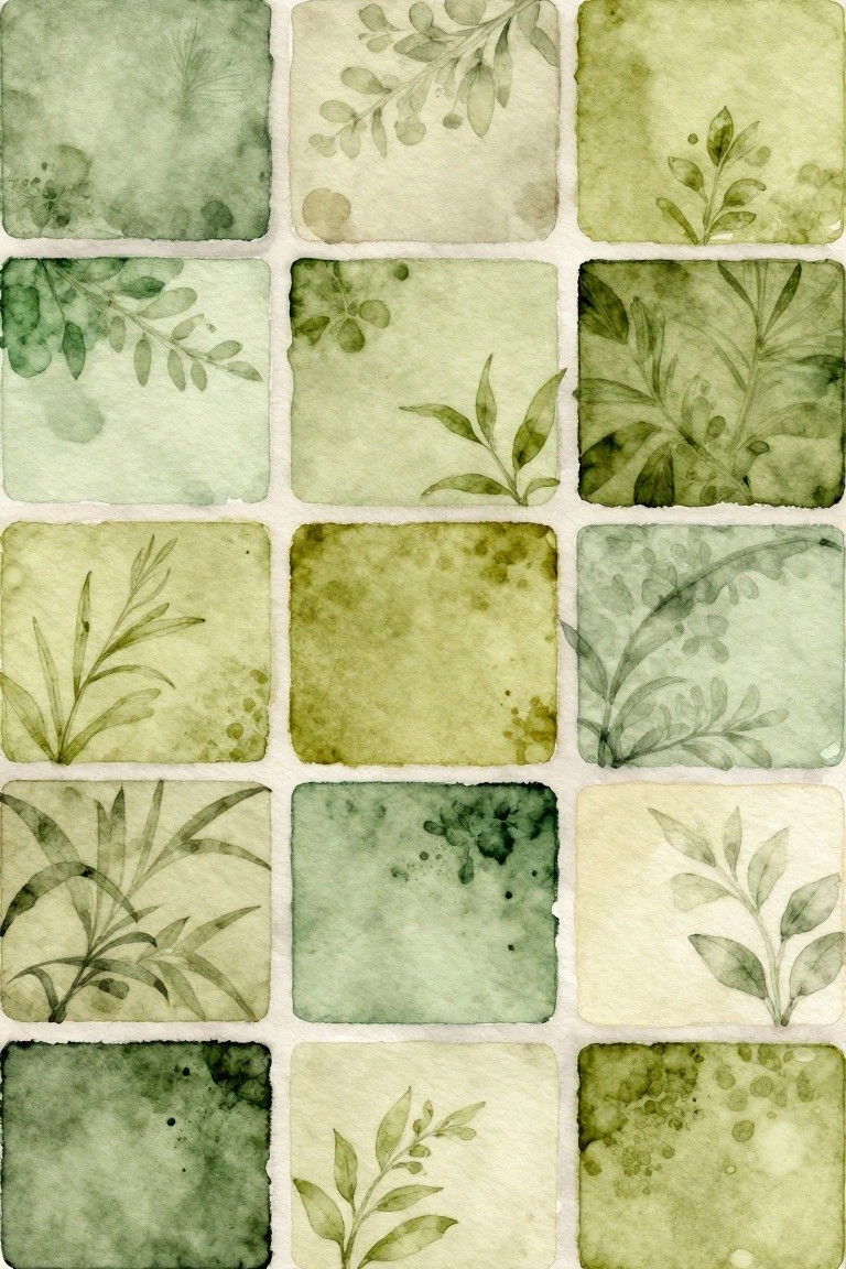 Grid of green watercolor tiles with botanical leaves and plant illustrations.