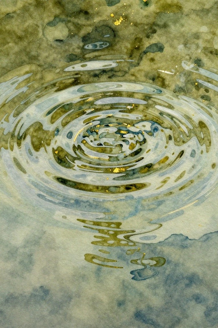 Abstract watercolor of concentric ripples on water with blue, green, and gold details