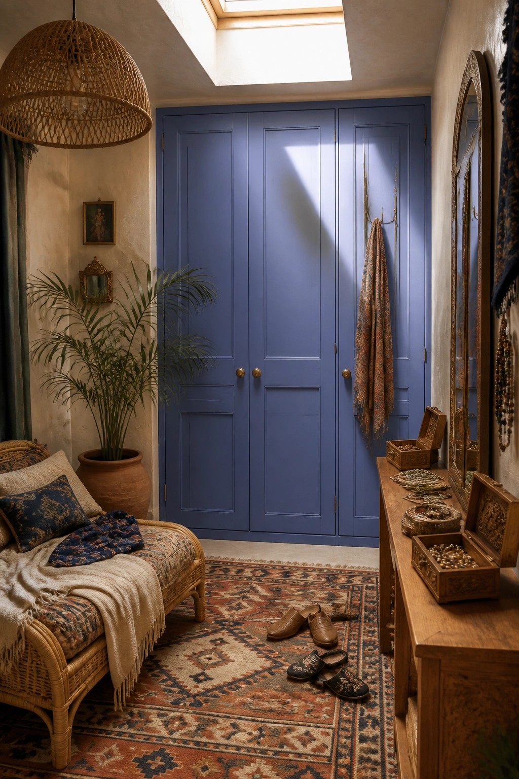 Deep blue cabinet doors in a sunlit interior room.