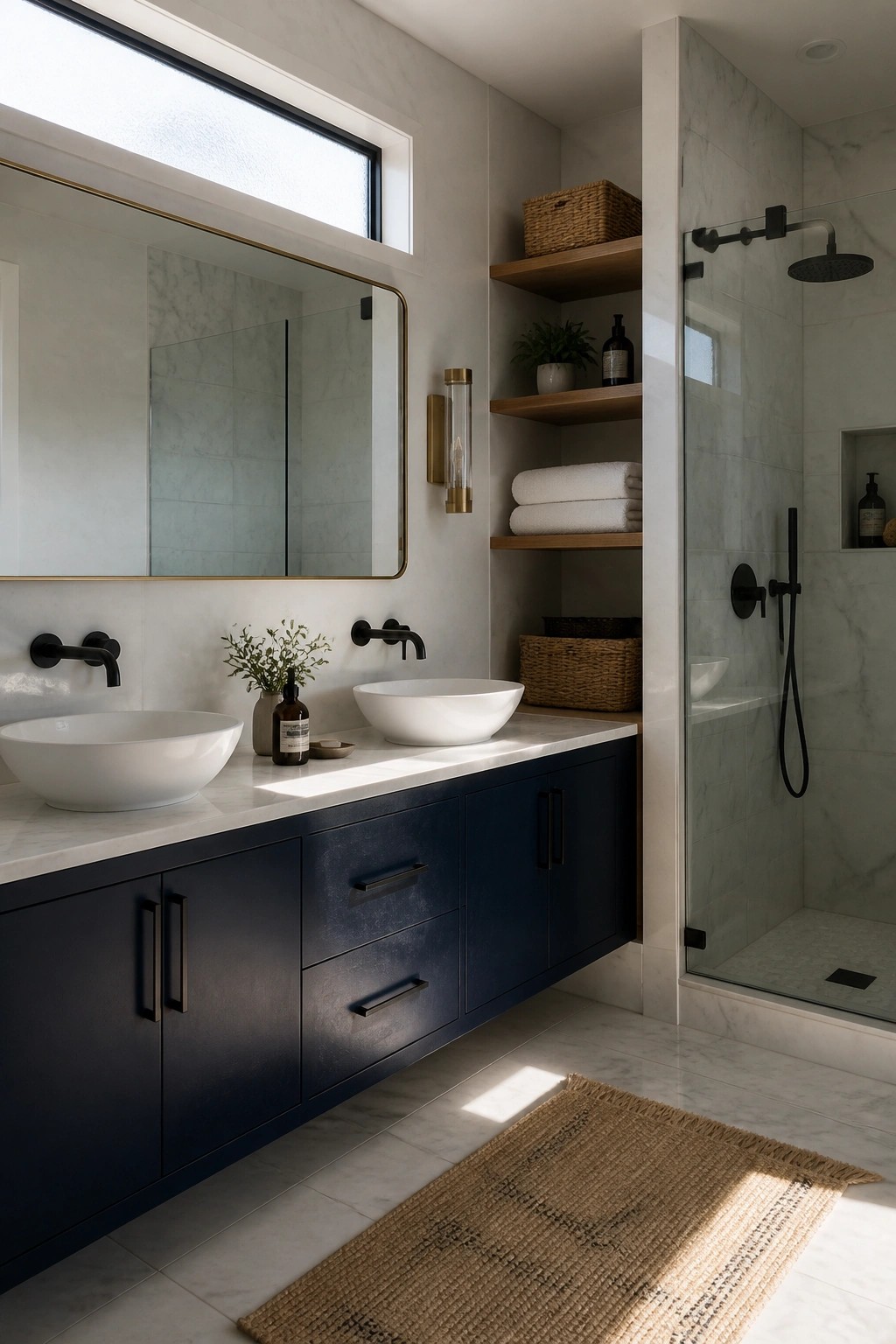Navy blue bathroom vanity with white marble countertop.