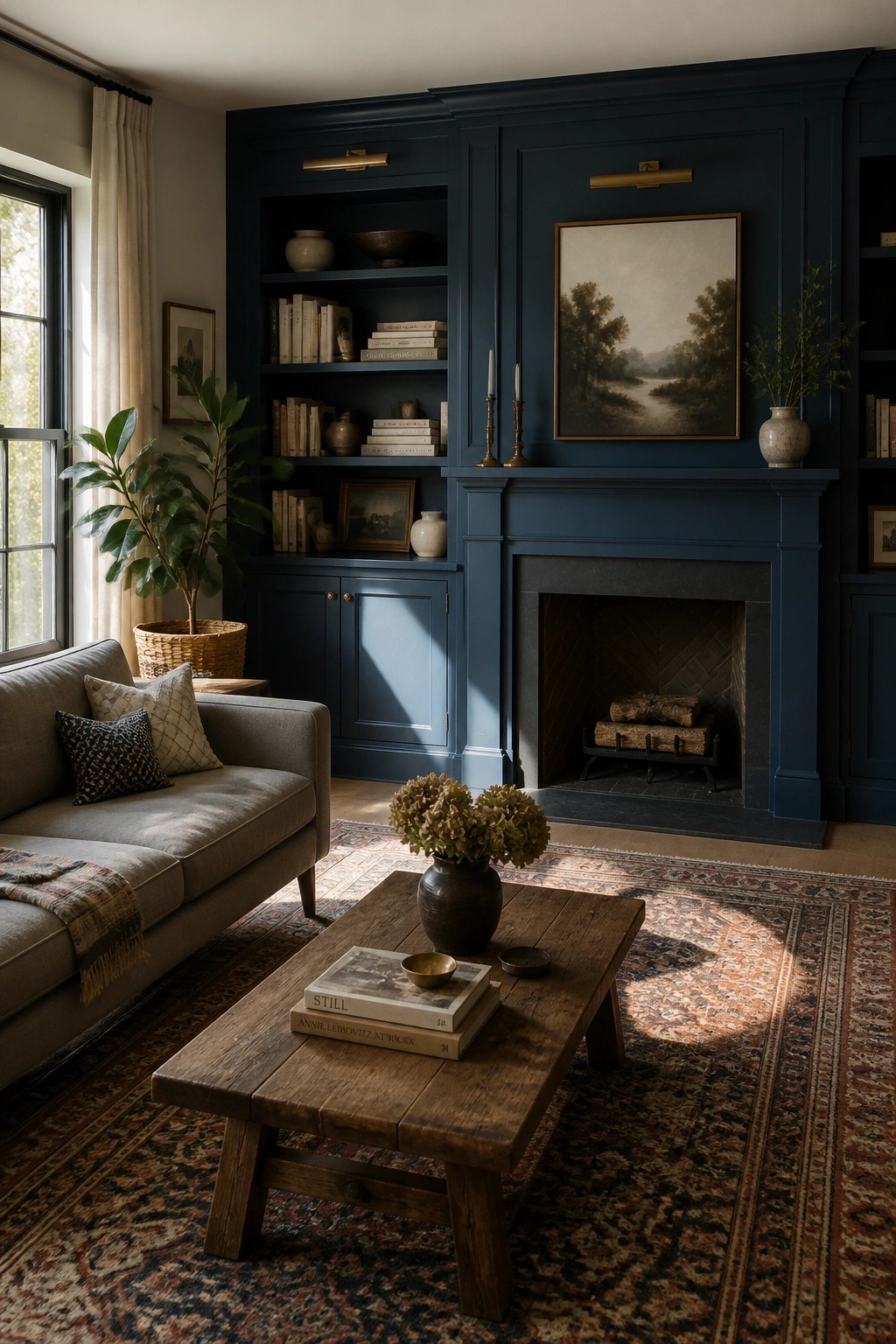 Built-in bookshelves and fireplace mantel painted deep navy blue.