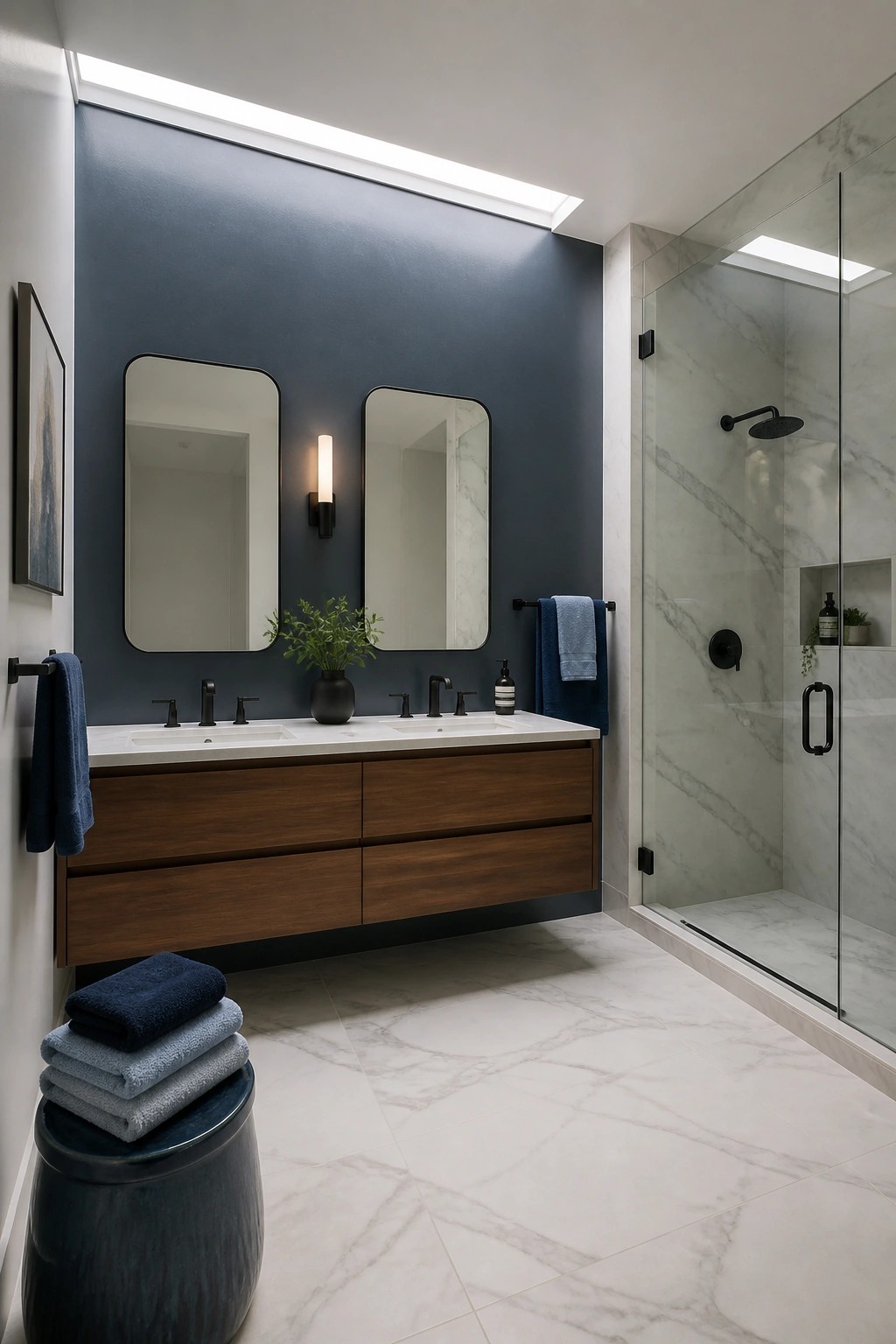 A deep navy blue accent wall behind a floating wood vanity in a modern bathroom.