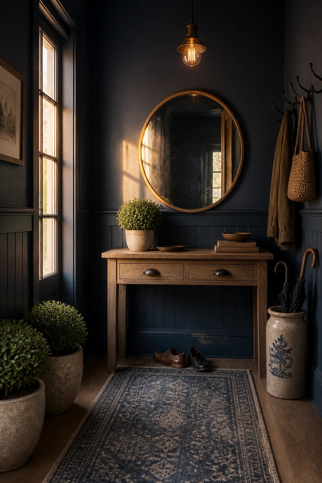 Dark blue entryway with wooden console, round mirror, plants, rug, and umbrella stand