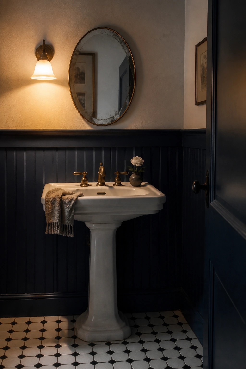 Dark navy wainscoting on the lower walls of a small bathroom with a white pedestal sink.