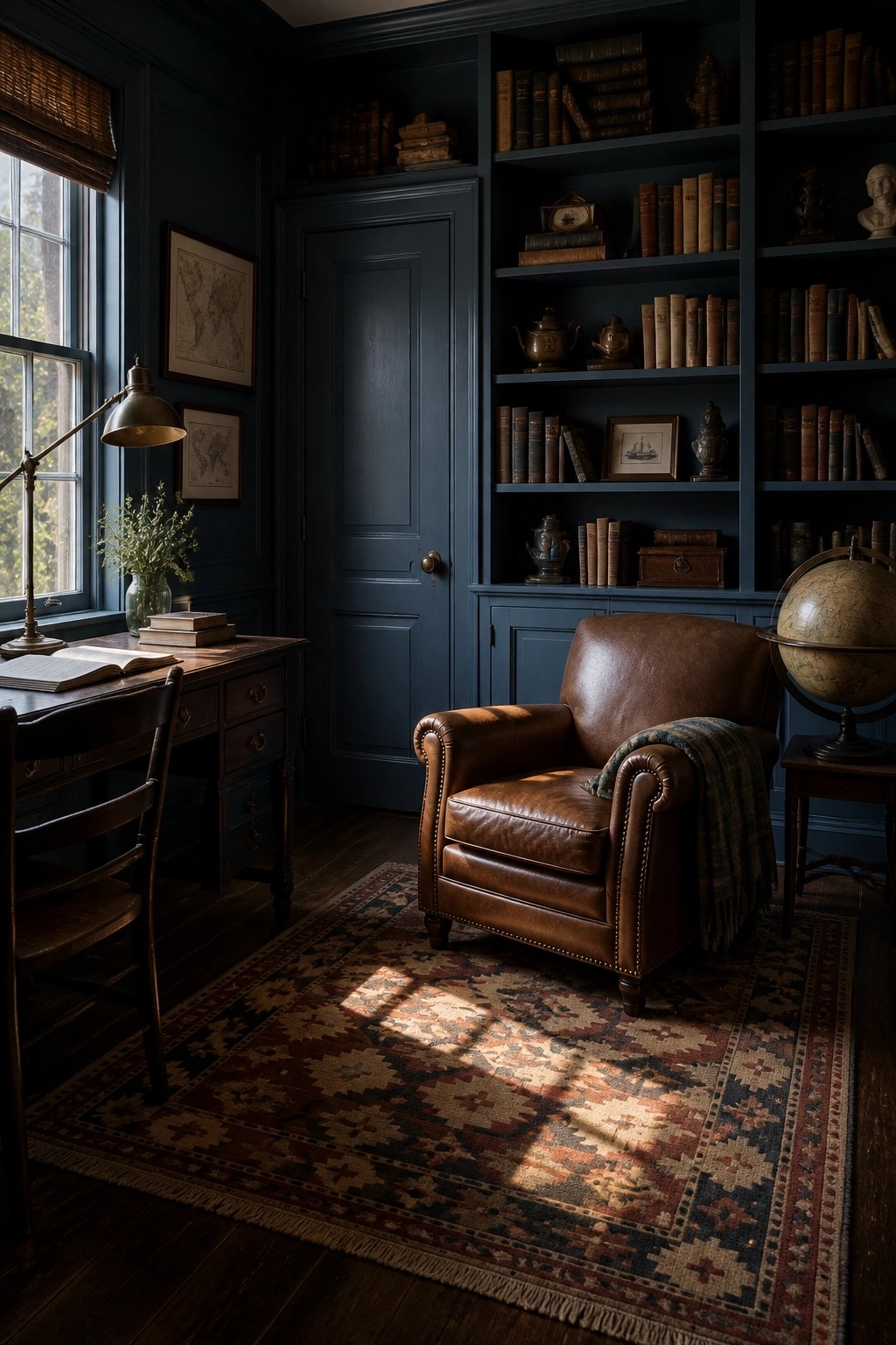 A deep navy blue painted across walls and built-in shelves in a home study.