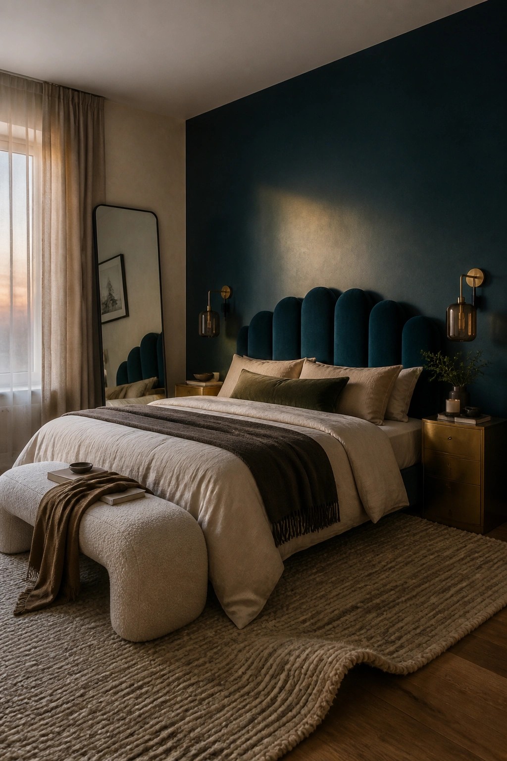 A bedroom featuring deep teal walls behind the bed.