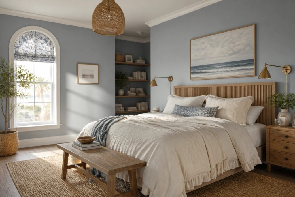 A bedroom with muted blue gray walls and a wooden bed frame.