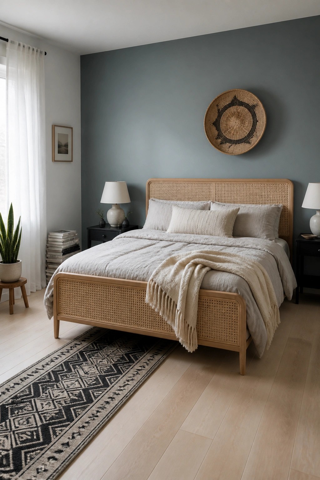 Minimalist bedroom with rattan bed, neutral linens, blue accent wall, and patterned rug