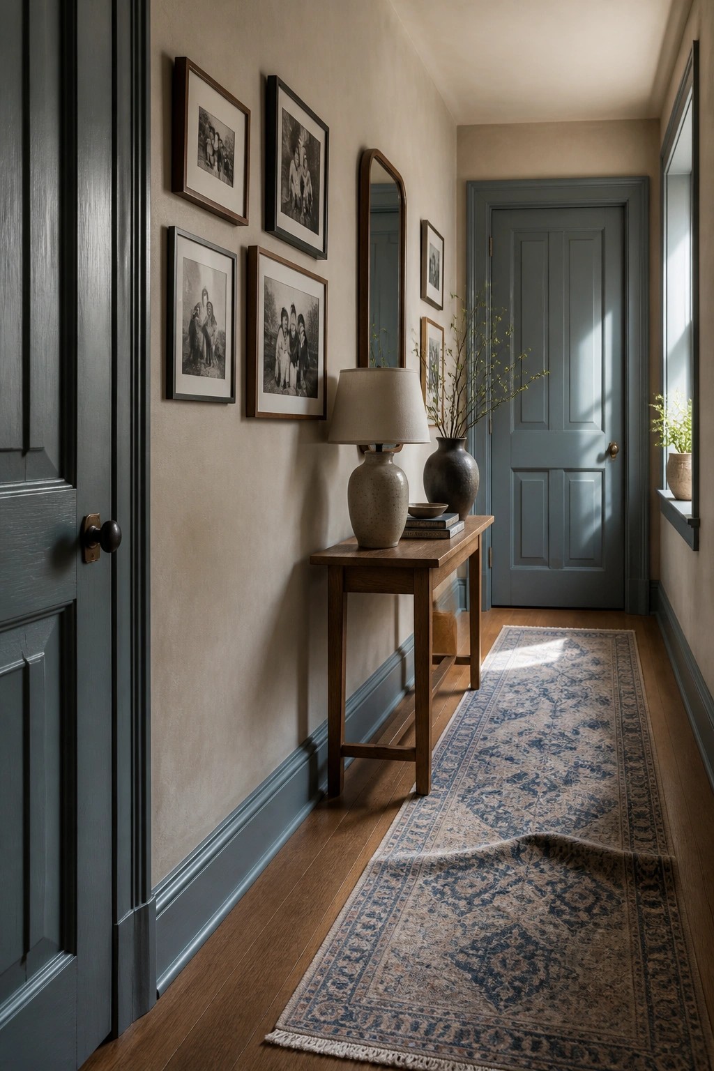 A muted blue gray door at the end of a hallway with warm walls and wood floors.