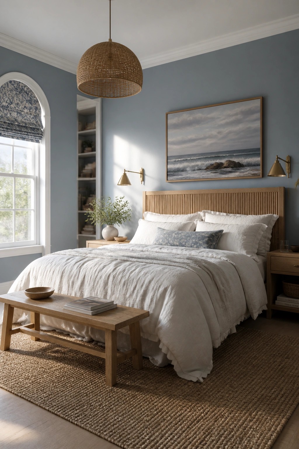A bedroom with muted blue gray walls and a wooden bed frame.