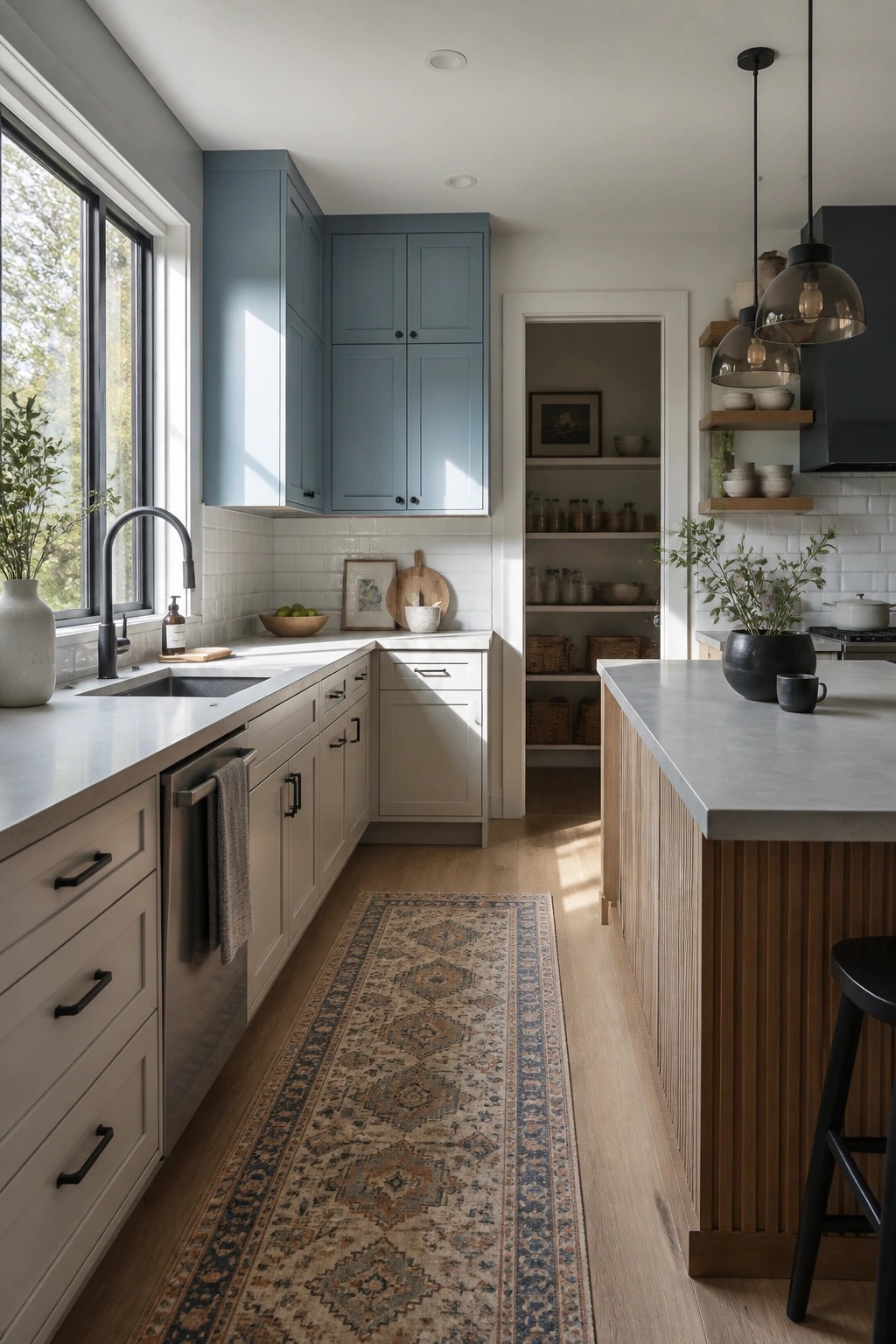 Blue painted cabinets in a kitchen with light wood floors and white tile.