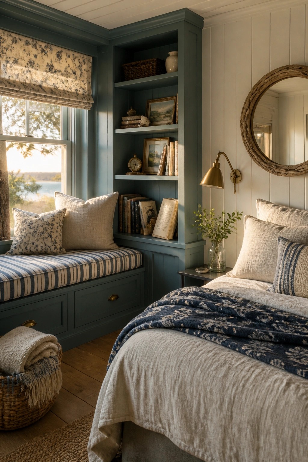 Built-in teal blue green shelves and window seat in a bedroom.