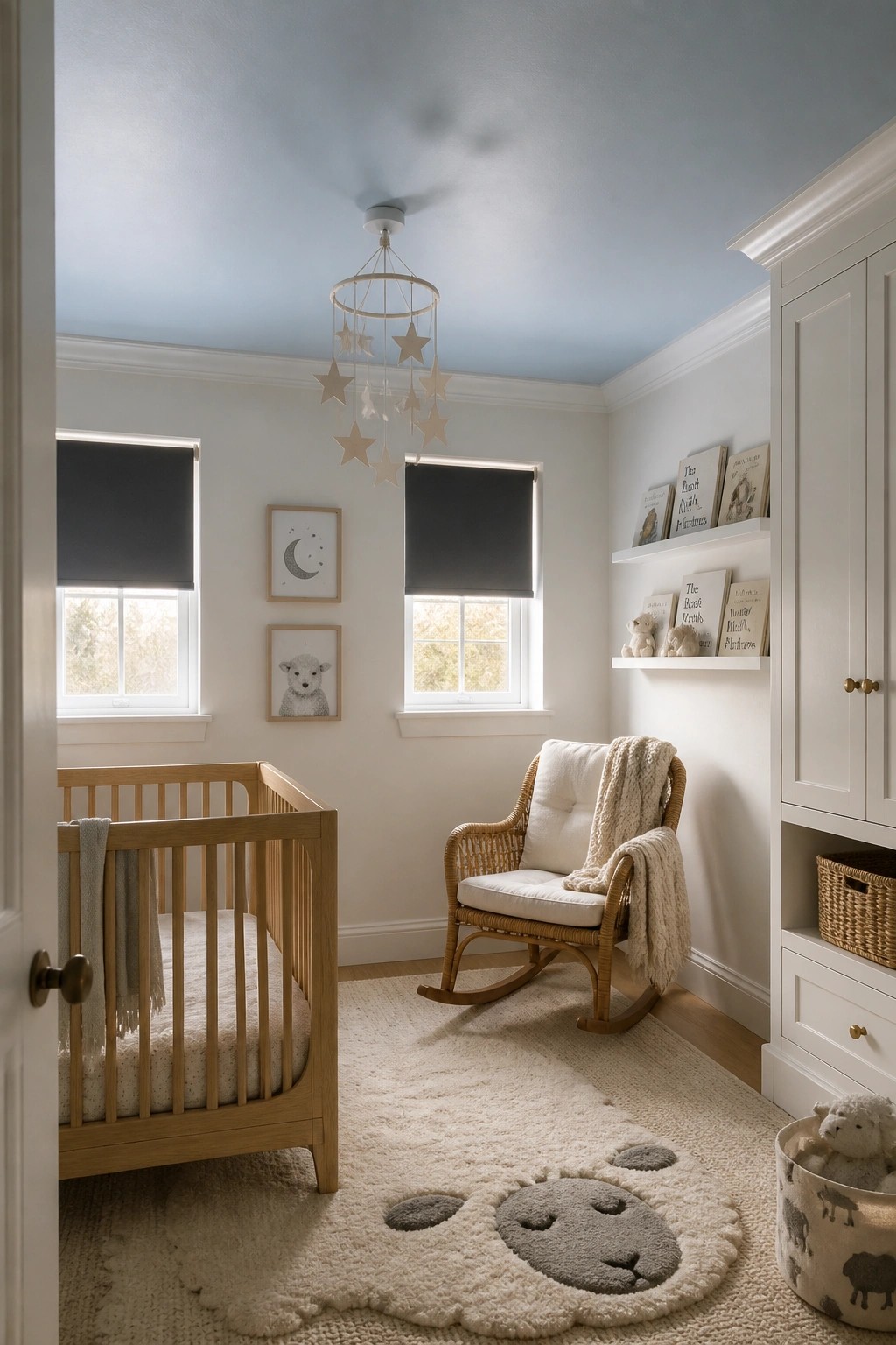 A nursery room with pale blue paint on the ceiling and white walls.