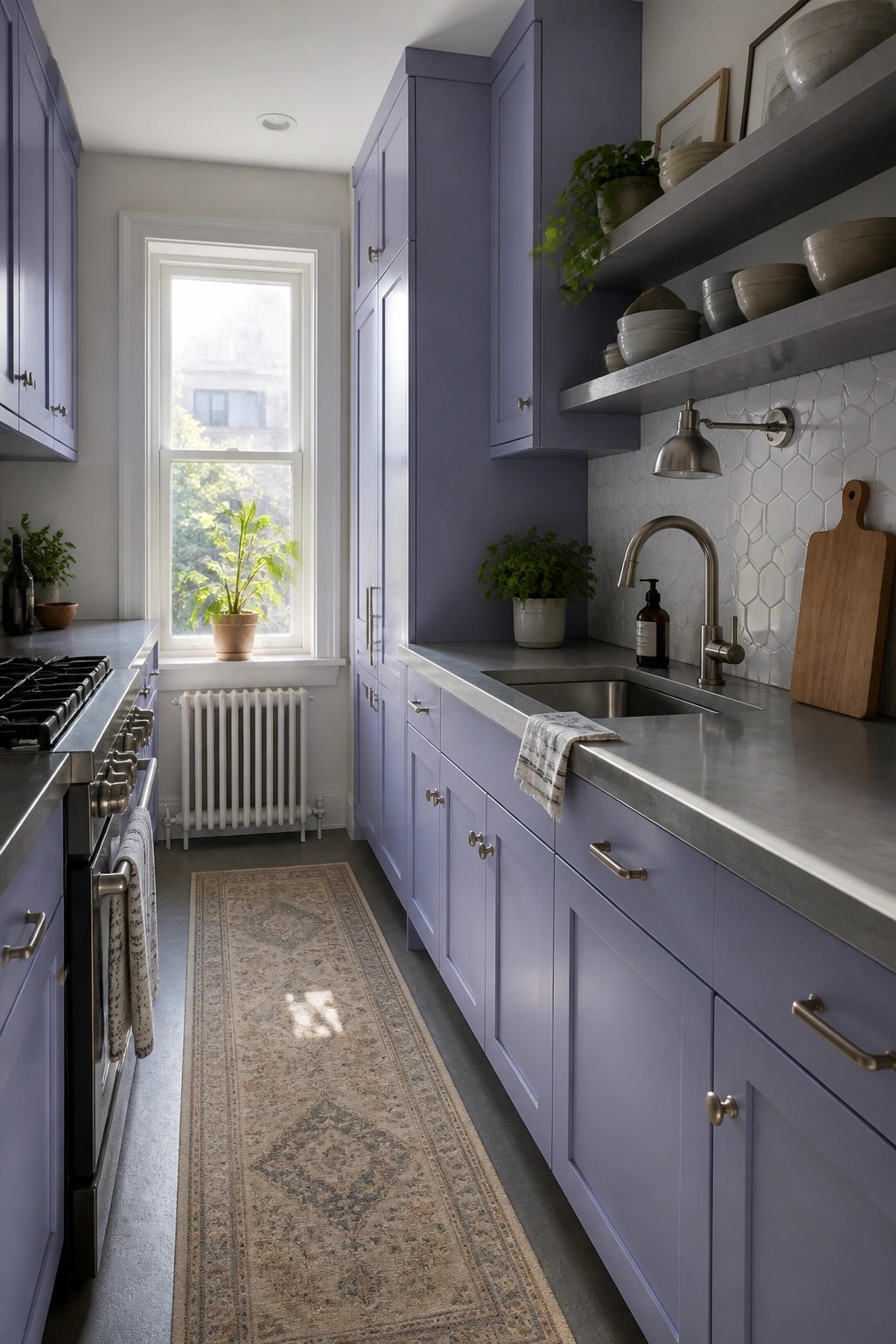 Narrow kitchen with lavender cabinets, stainless counters, sink, and runner rug.
