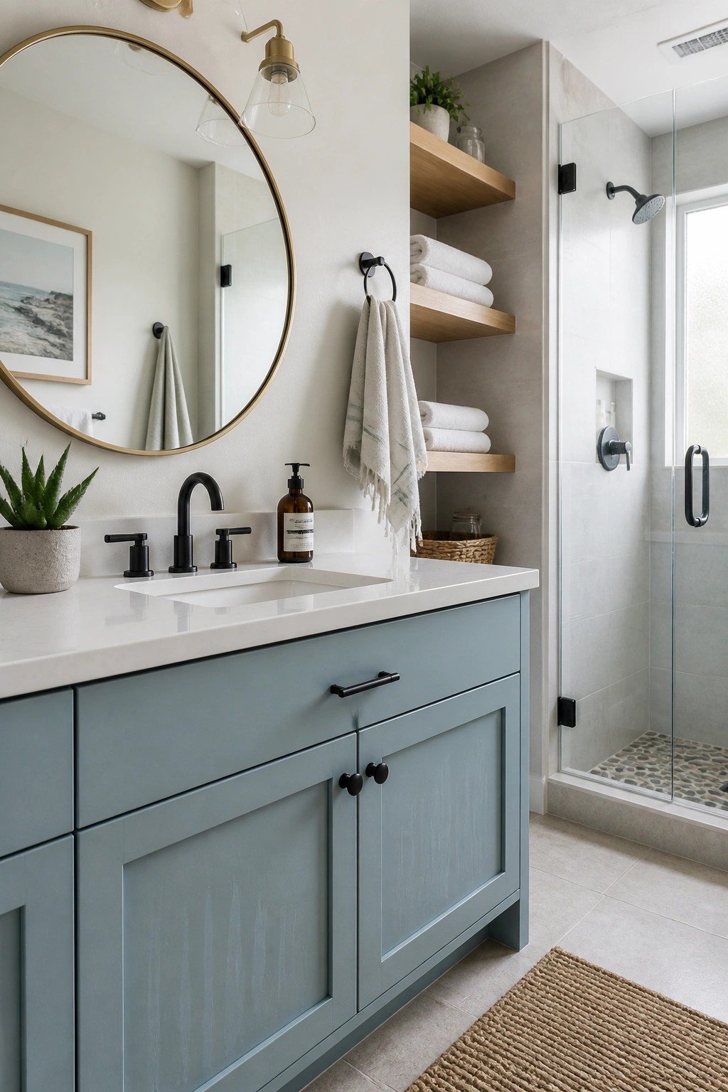 Bathroom vanity painted in a soft blue gray with white countertop and wood floating shelves.